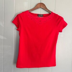 Lauren Ralph Lauren Petite Red Lace Trim Baby Tee Y2K Coquette Romantic P/Medium